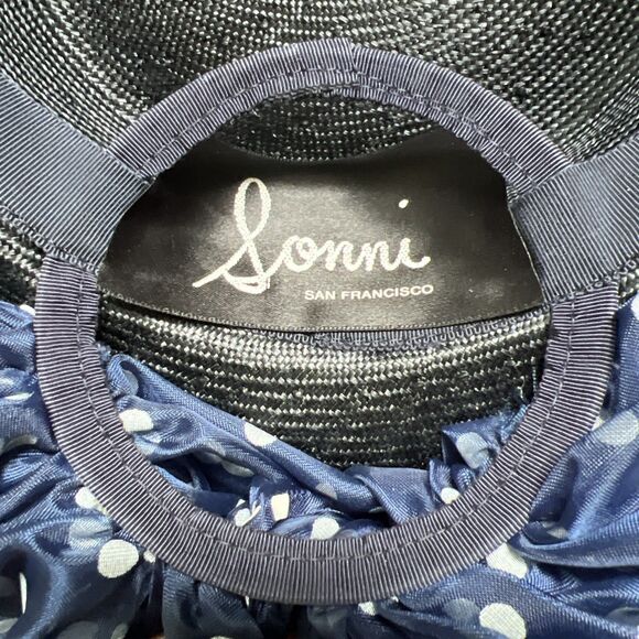VTG 70s 80s Sonni San Francisco Hat Navy & Polka Taffeta Band Bow Kentucky Derby - Picture 7 of 8